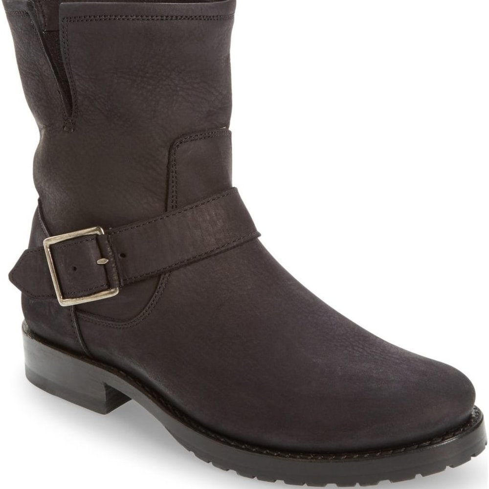 $360 FRYE 'Natalie' Engineer MOTO BUCKLE BIKER Bootie BLACK NUBUCK 7 (K11)
